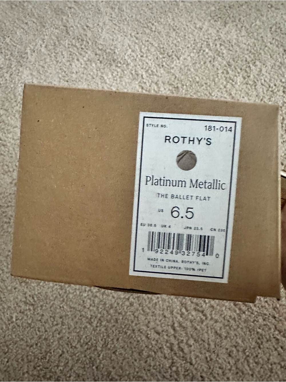 Rothy's Platinum Metallic Silver Ballet Flat Box Label